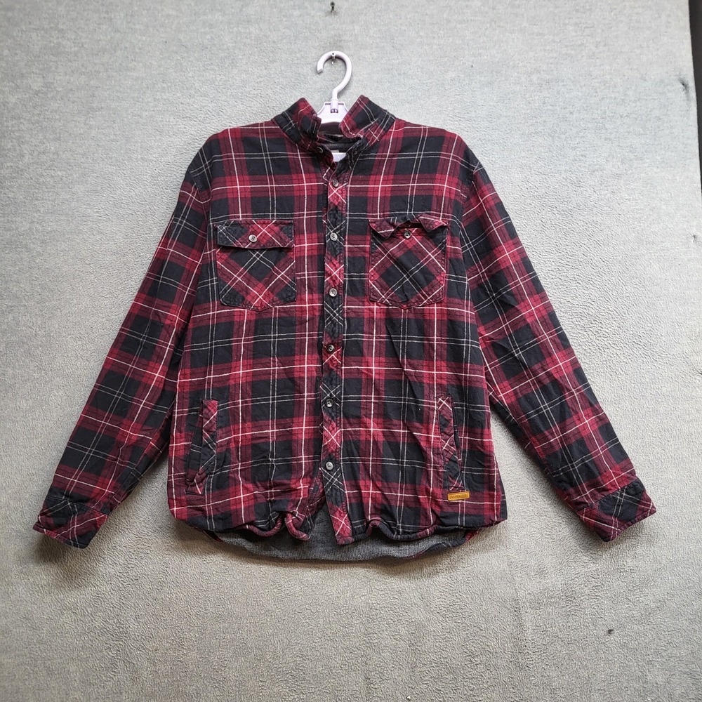 Voyager‎ Men Button Up Shirt Large Red Plaid Fleece Pockets